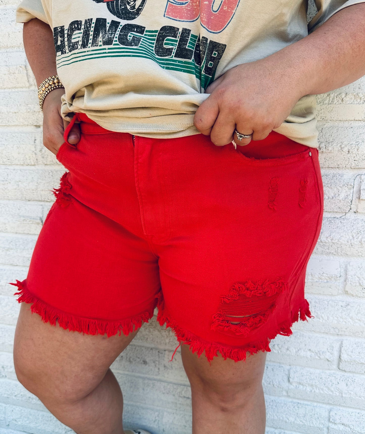 Watermelon Sugar Red Distressed Shorts
