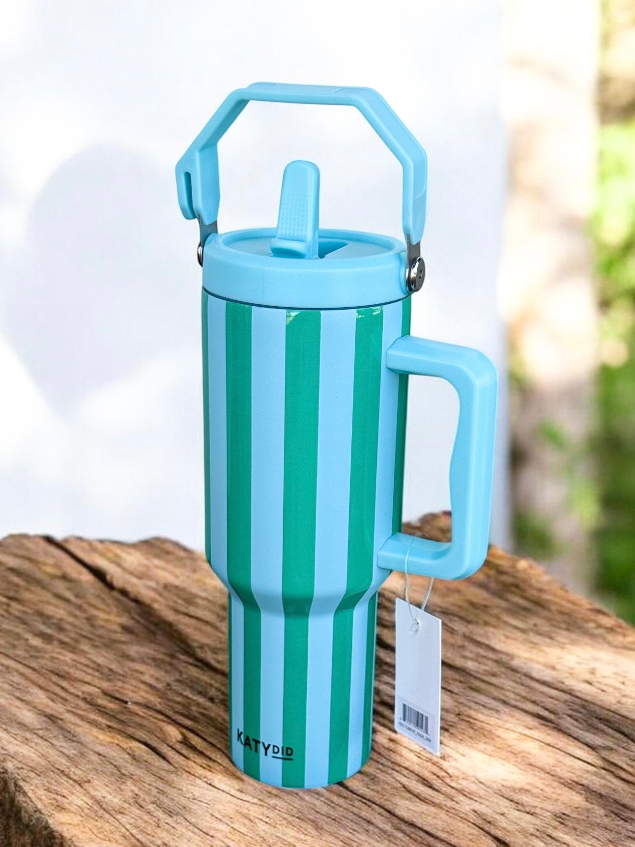 Blue and Green Stripe Tumbler with Lid Handle