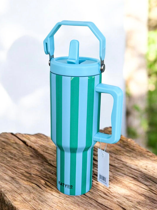 Blue and Green Stripe Tumbler with Lid Handle