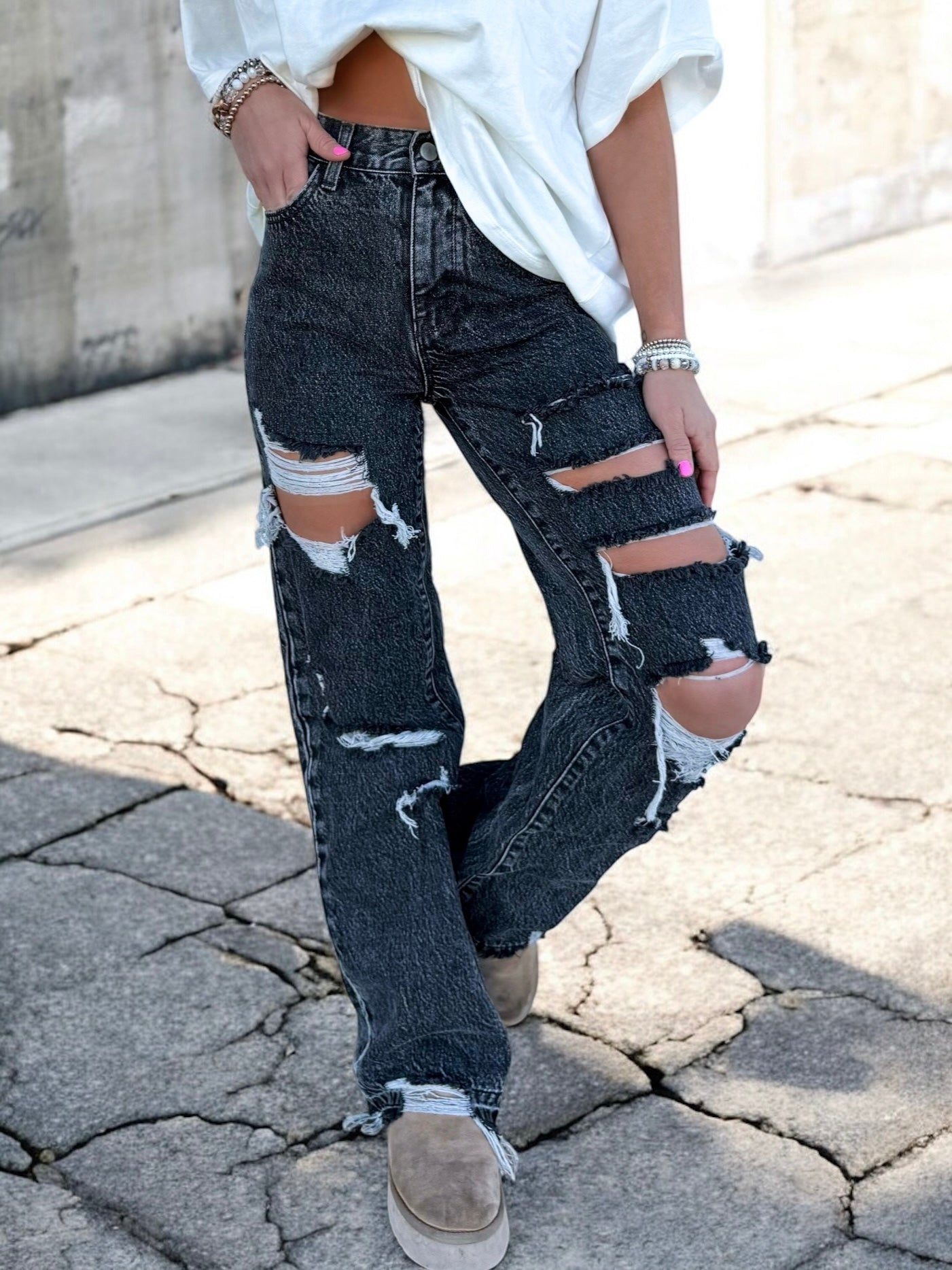 Drunken Nights Distressed Wide Leg Jeans