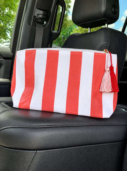 Striped Vinyl Zipper Makeup Bag