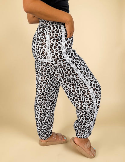 White Leopard Lace Detail Pants