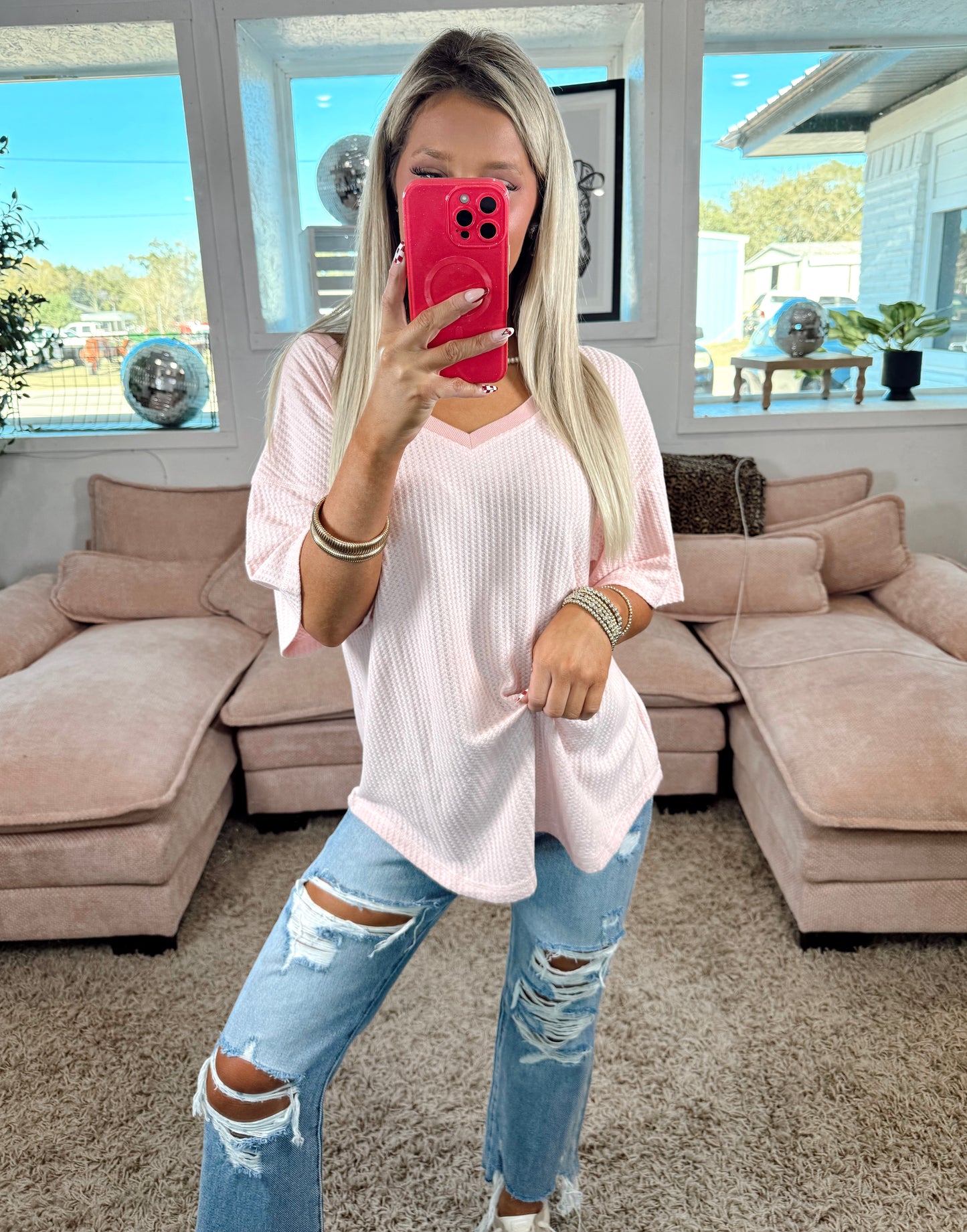Bubblegum Breeze Drop Shoulder V-Neck Top