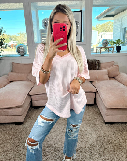 Bubblegum Breeze Drop Shoulder V-Neck Top