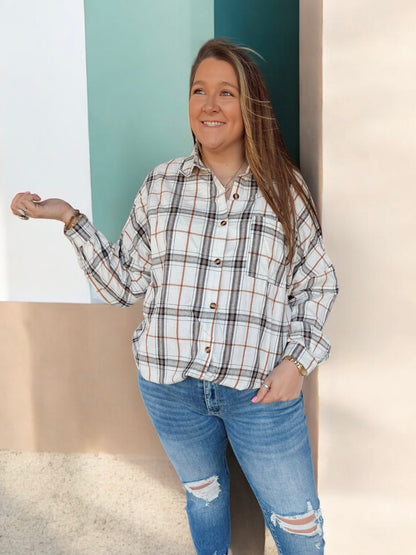 Plaid Passage White Flannel Top