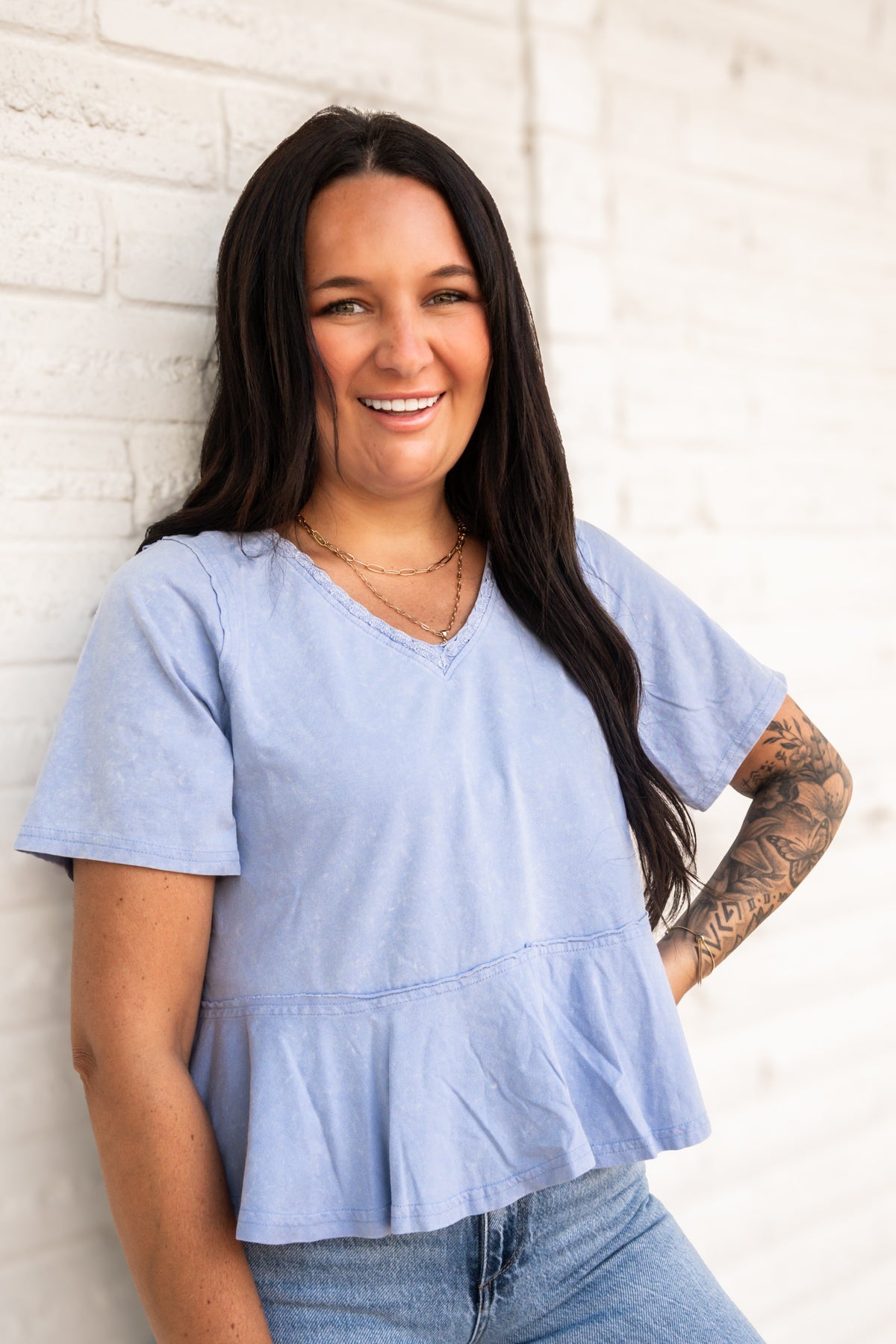 Mineral Wash Lace V‑Neck Top