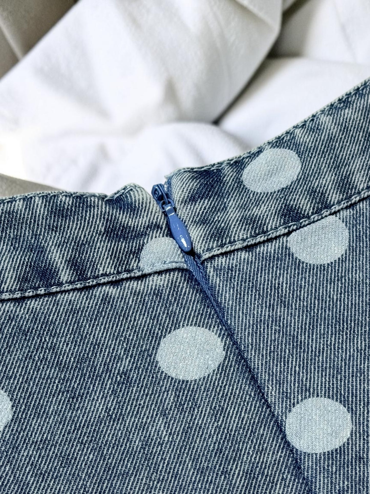 Blue Polka Dot Pleated Denim Romper
