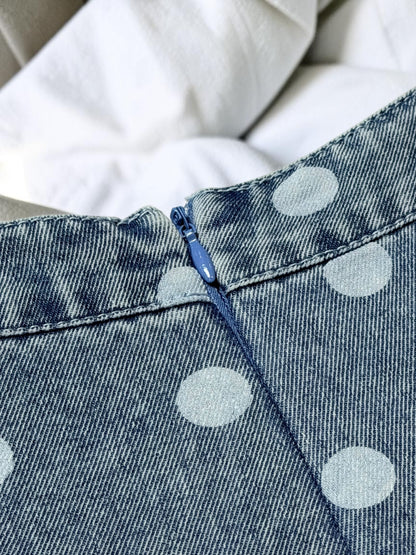 Blue Polka Dot Pleated Denim Romper