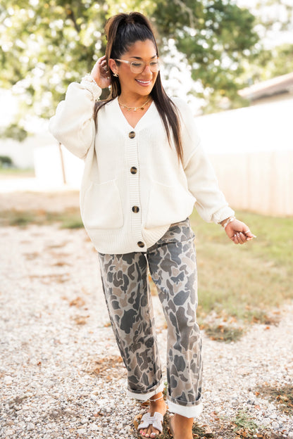 Ivory Texture Knit Button Cardigan
