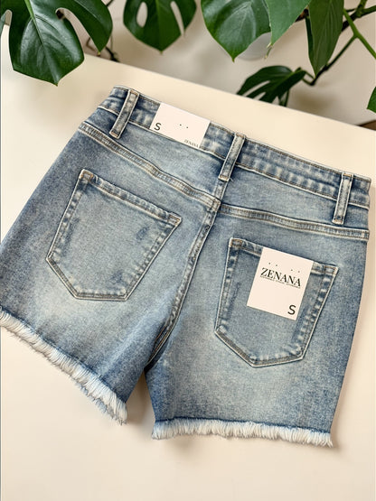 Heather Light Distressed Denim Shorts