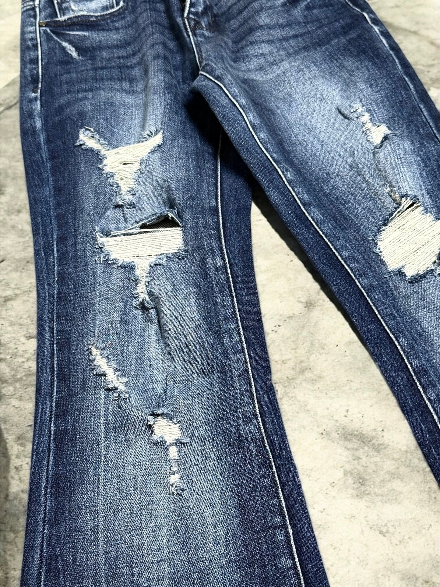 Kara Distressed Mid-Rise Flare Jeans