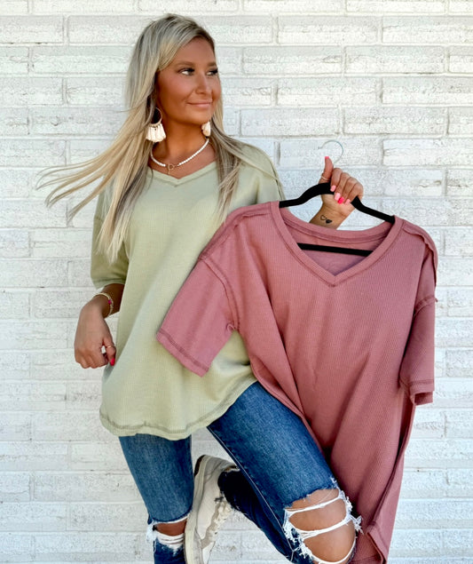 Exposed Seam V-neck Textured Top
