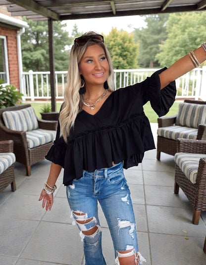 Ruffle Bloom V‑Neck Top