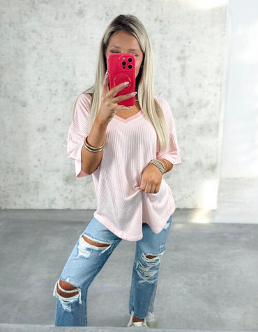 Bubblegum Breeze Drop Shoulder V-Neck Top