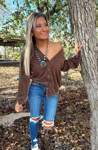 Coffee Knit Button Front Cardigan Top