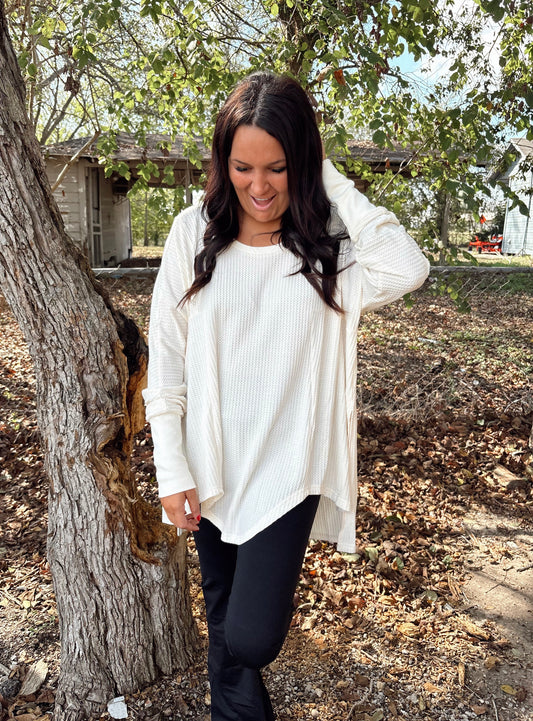 White Waffle Knit Oversized Top