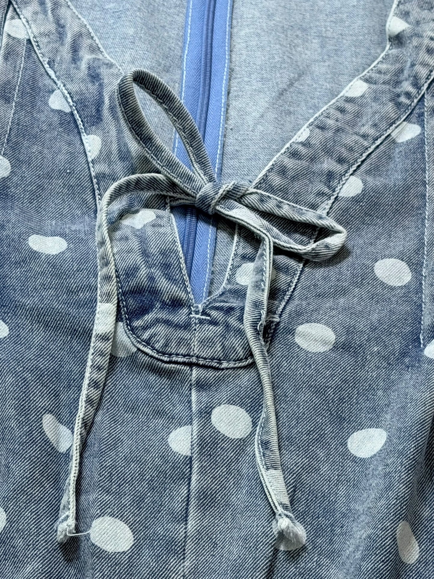Blue Polka Dot Pleated Denim Romper