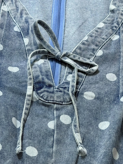 Blue Polka Dot Pleated Denim Romper