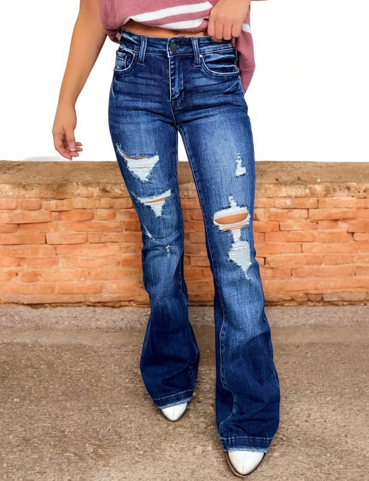 Kara Distressed Mid-Rise Flare Jeans