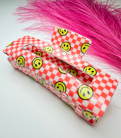Jumbo Checkered Smiley Hair Claw Clip