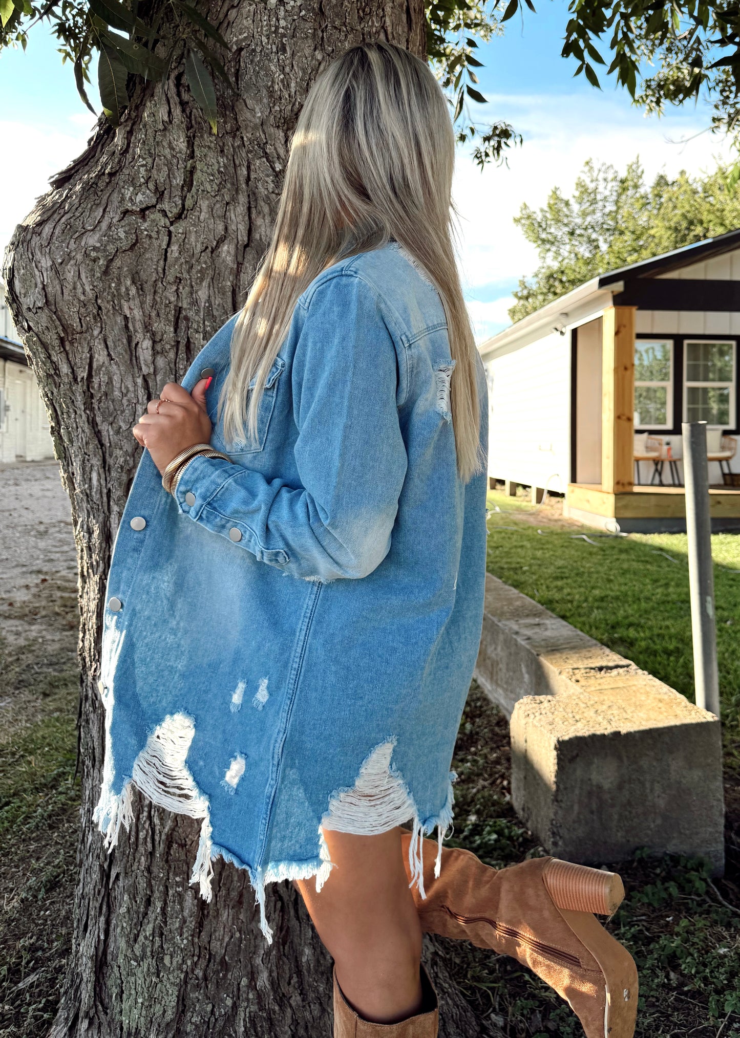Rustic Revival Frayed Long Denim Jacket