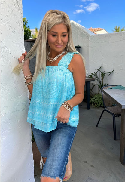 Sky Blue Ruffled Wide Strap Tank Top