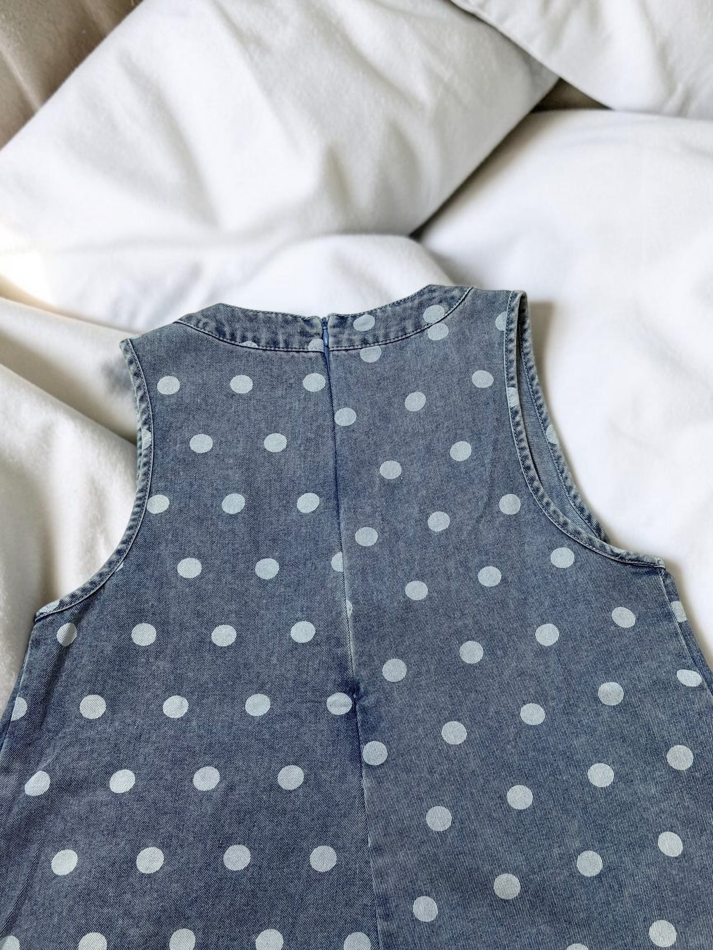 Blue Polka Dot Pleated Denim Romper