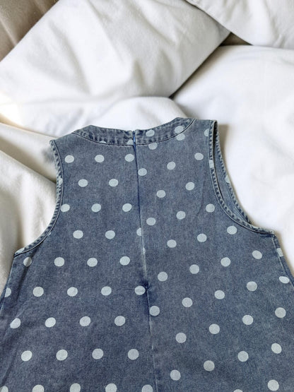 Blue Polka Dot Pleated Denim Romper