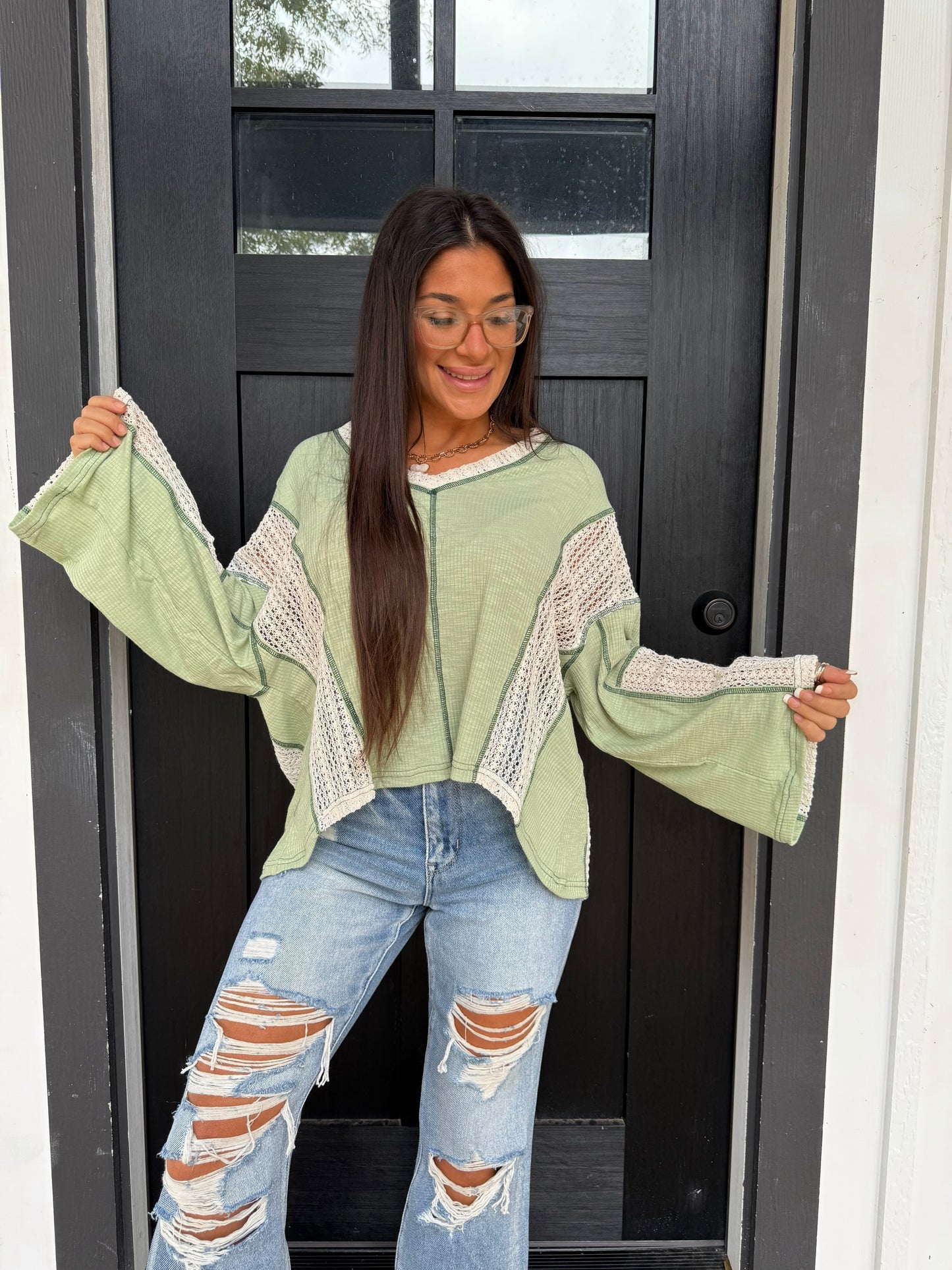 Sage Breeze Crochet Flowy Top