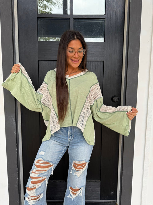 Sage Breeze Crochet Flowy Top