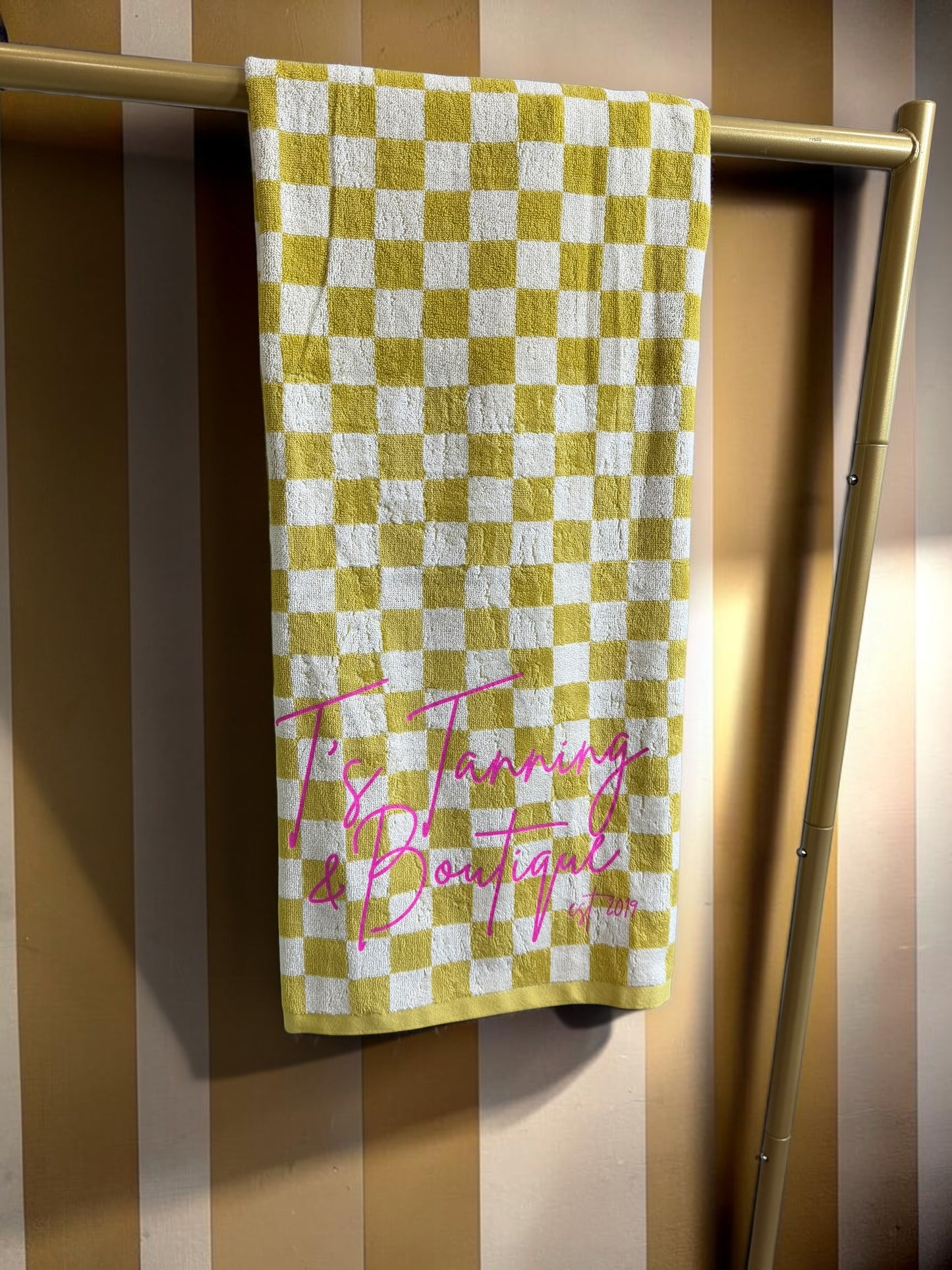 Yellow Checkered T's Tanning Beach Towel