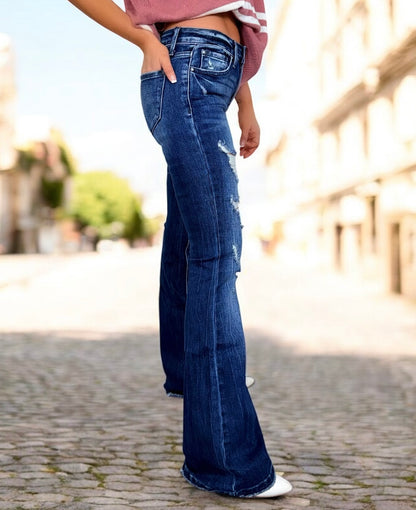 Kara Distressed Mid-Rise Flare Jeans