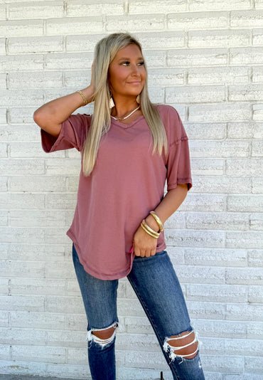 Exposed Seam V-neck Textured Top