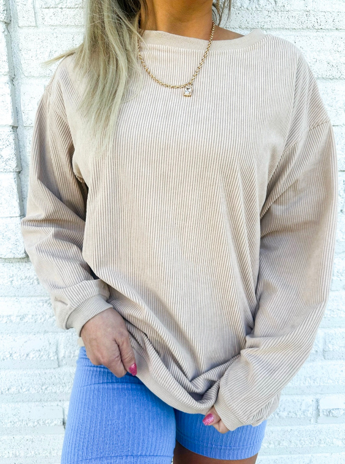 Beige Ribbed Corded Oversized Sweater