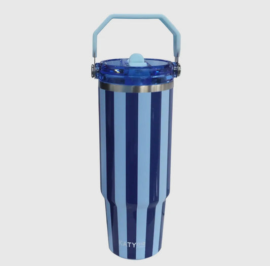 Light Blue And Navy Striped Tumbler with Handle