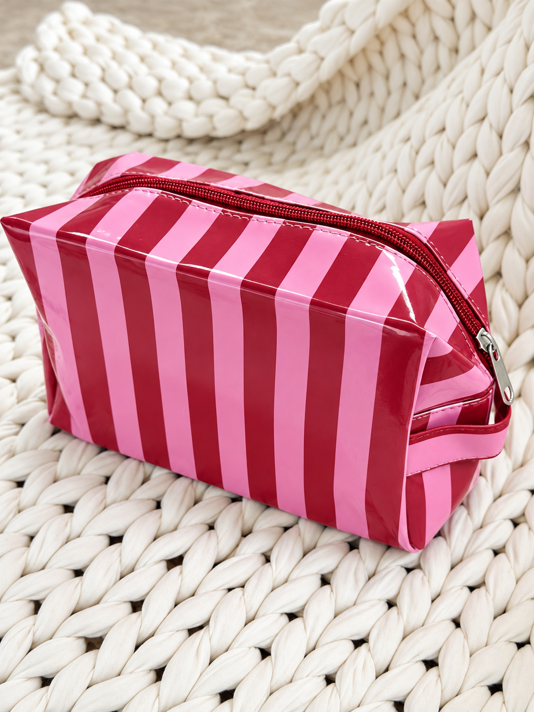 Striped Vinyl Zipper Makeup Bag