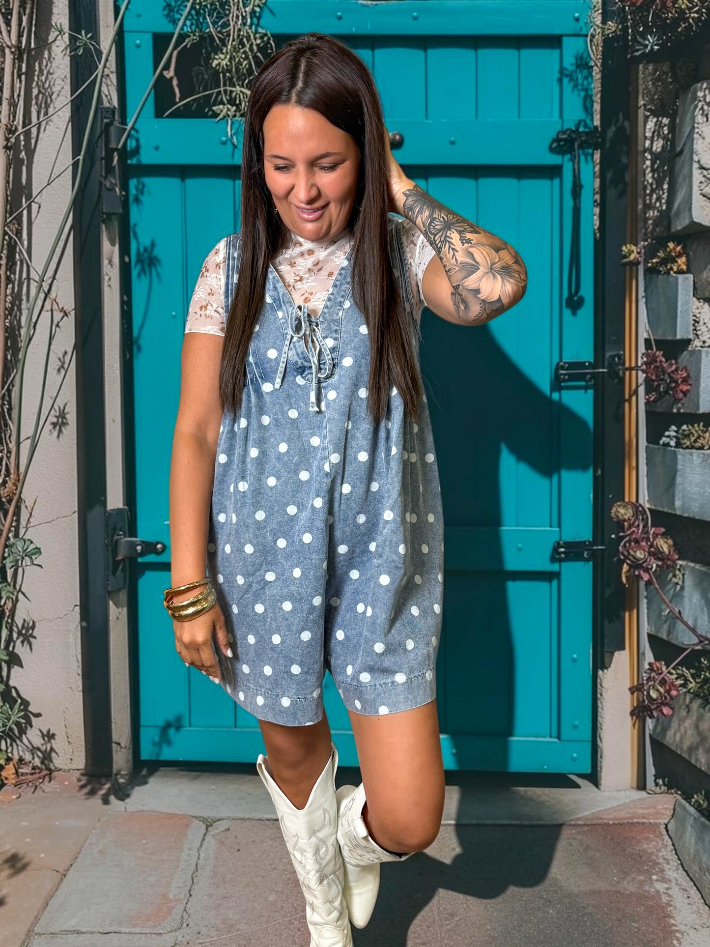 Blue Polka Dot Pleated Denim Romper